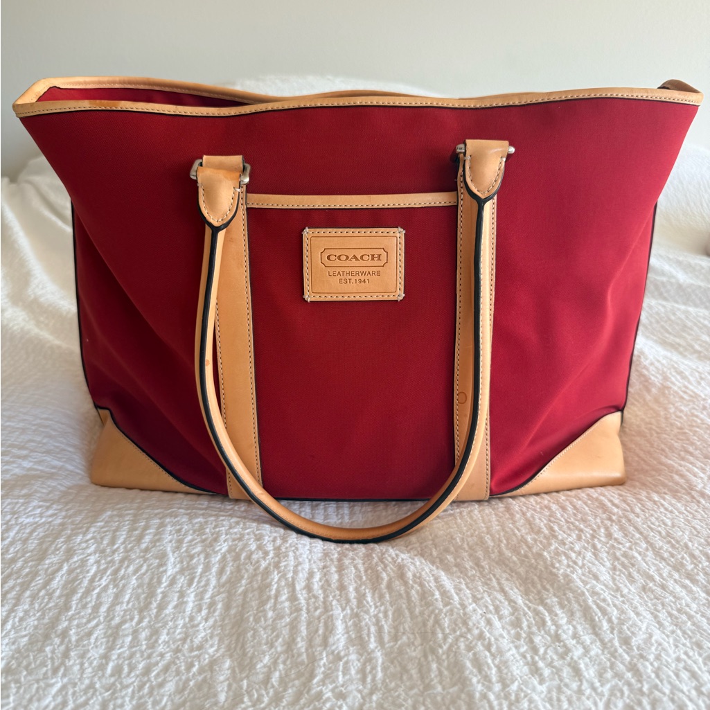 Coach Red Canvas Tote With Tan Leather Trim And Handles